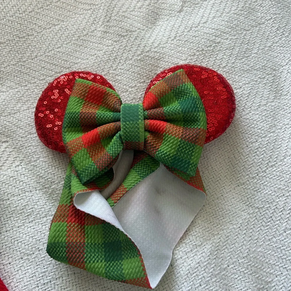 Plaid Red and Green Baby Mouse Ears Bow Headband